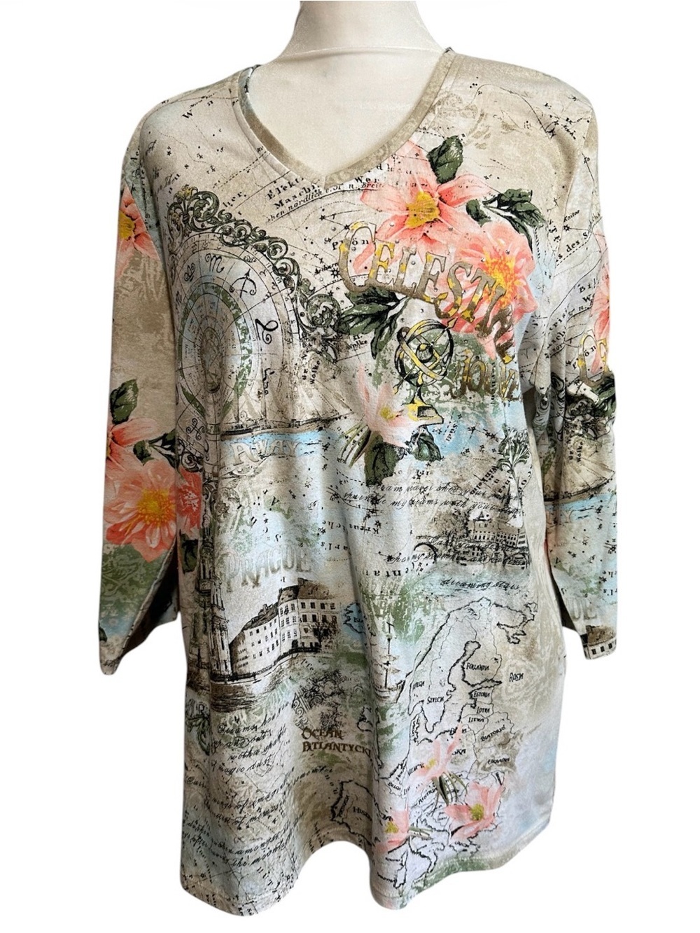 Alia Cream Floral Map-Print V-Neck Top size L/G